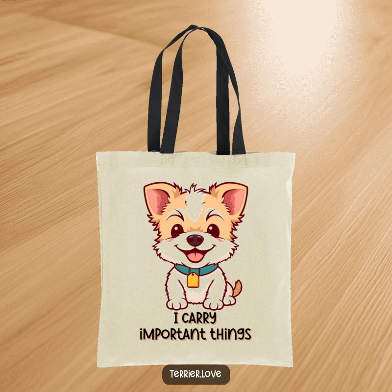 Funny Terrier Smile Tote Bag: A happy terrier with a bright collar tag, depicted with a joyful expression, perfect for carrying everyday items.