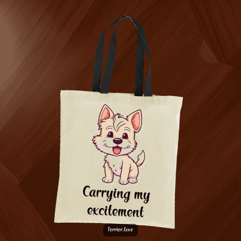 Funny terrier tote bag featuring a dog with its tail wagging rapidly, conveying eagerness and excitement for any task.