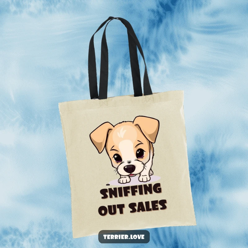 Funny terrier tote bag featuring a curious small dog with floppy ears sniffing the ground, ideal for everyday use.