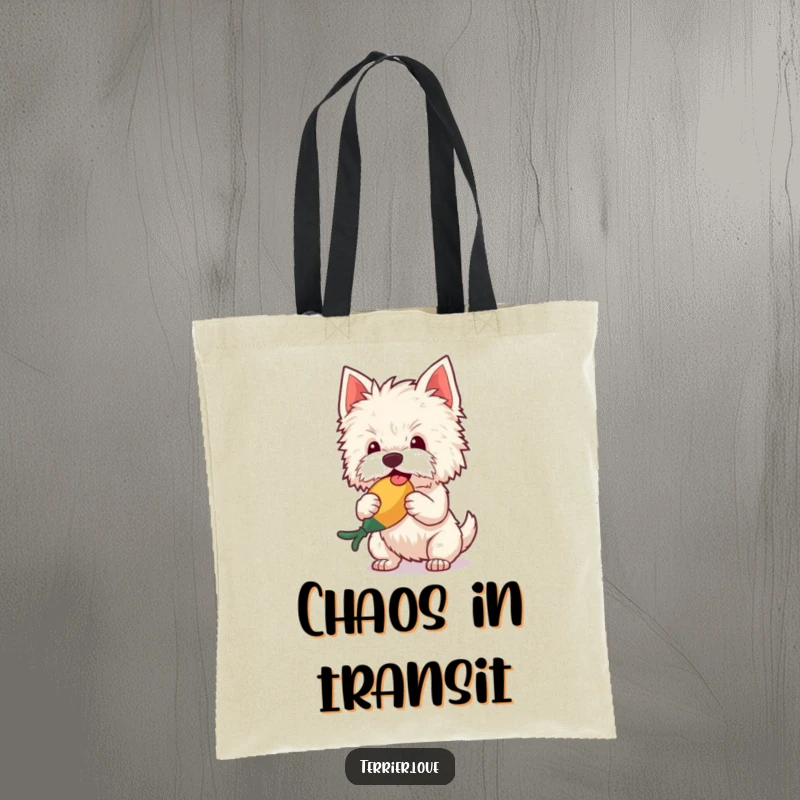Funny Tote Bag featuring a fluffy terrier joyfully shaking a squeaky toy, perfect for carrying groceries or daily items with a smile.