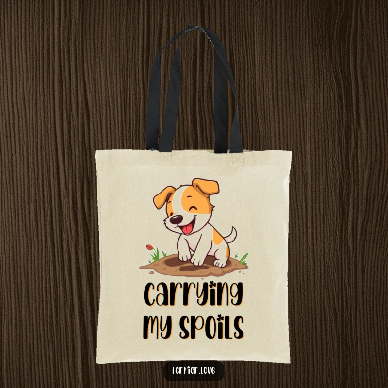 Funny terrier tote bag featuring an energetic small dog digging a hole with infectious enthusiasm, ideal for everyday use.