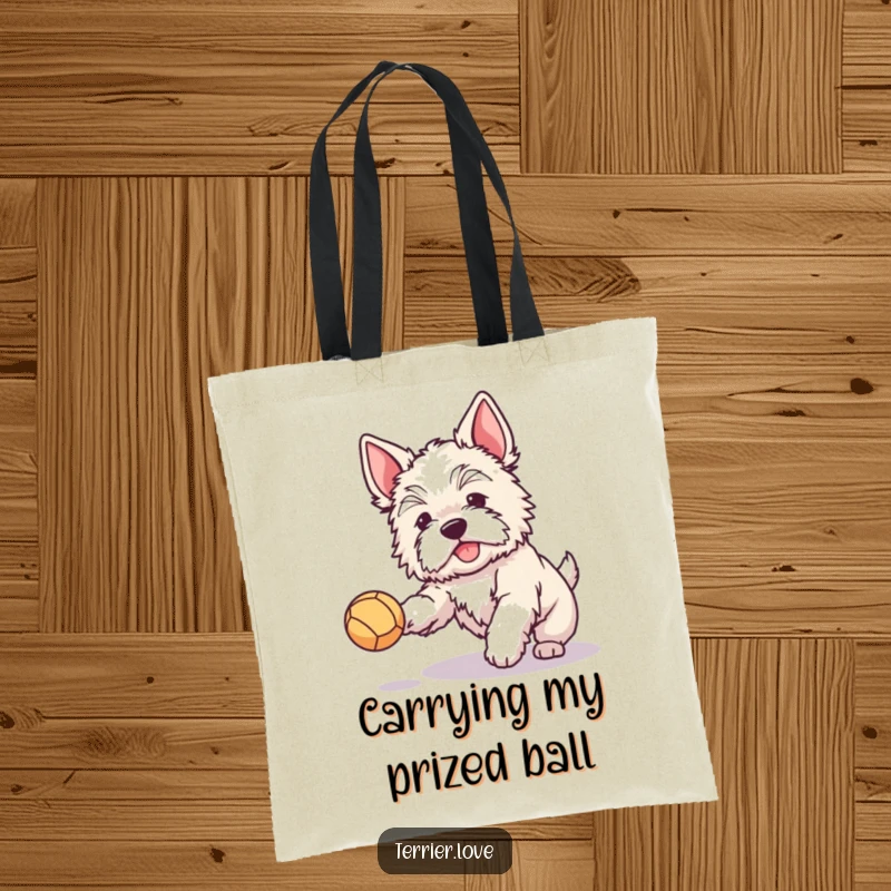 Funny tote bag featuring a fluffy terrier with perked ears joyfully catching a ball, perfect for carrying essentials with a cheerful vibe.
