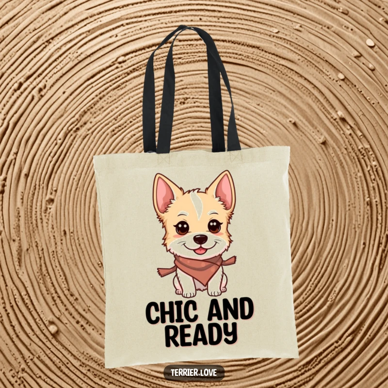 Funny tote bag showcasing a smiling terrier wearing a small scarf, looking alert and ready to carry your belongings.