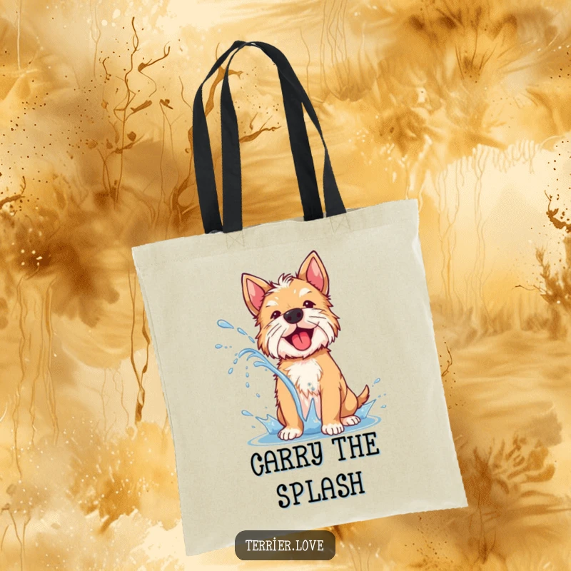 Funny terrier tote bag with a dog joyfully shaking off water, creating a dynamic spray, embodying energetic fun.