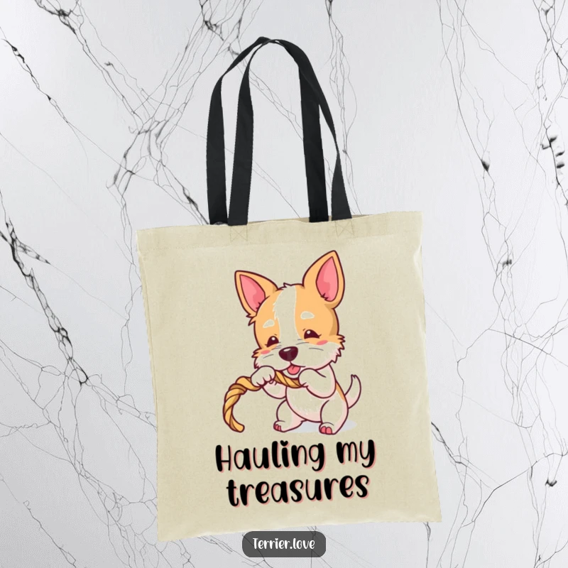 Funny Terrier Tote Bag: Playful dog character joyfully tugging on a rope toy, ideal for carrying goodies.