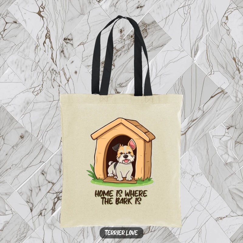 Funny terrier peeking playfully from a doghouse, a humorous tote bag for dog lovers.