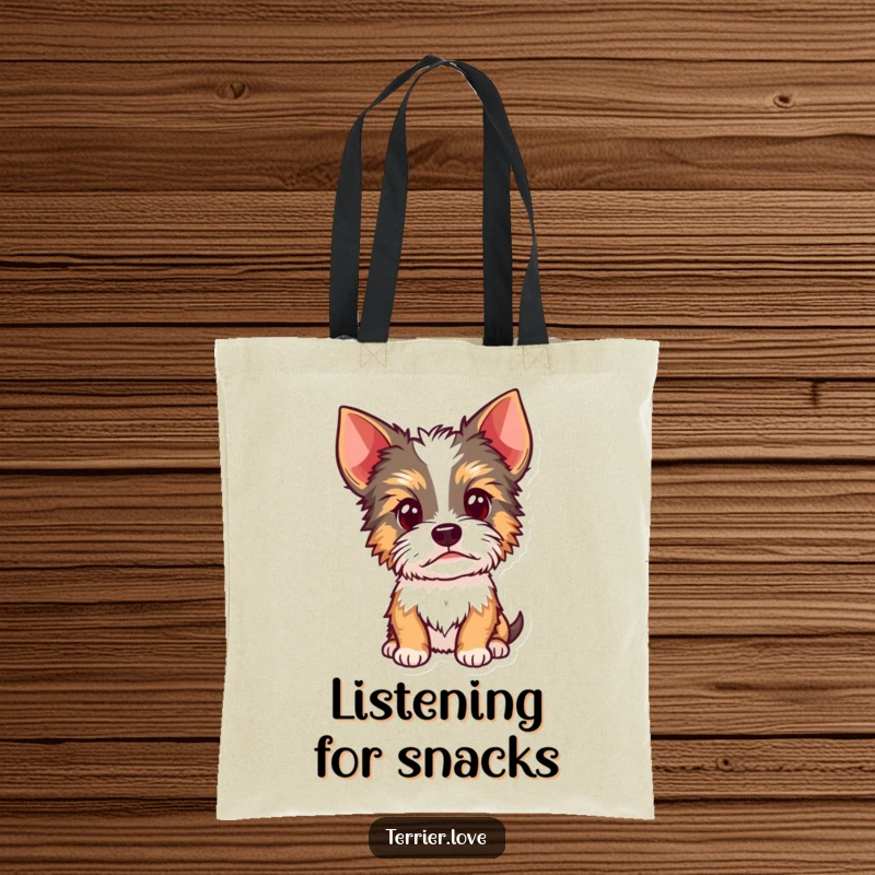 Funny Terrier tote bag illustrated with a curious dog tilting its head, ears perked, symbolizing attention and an inquisitive nature.
