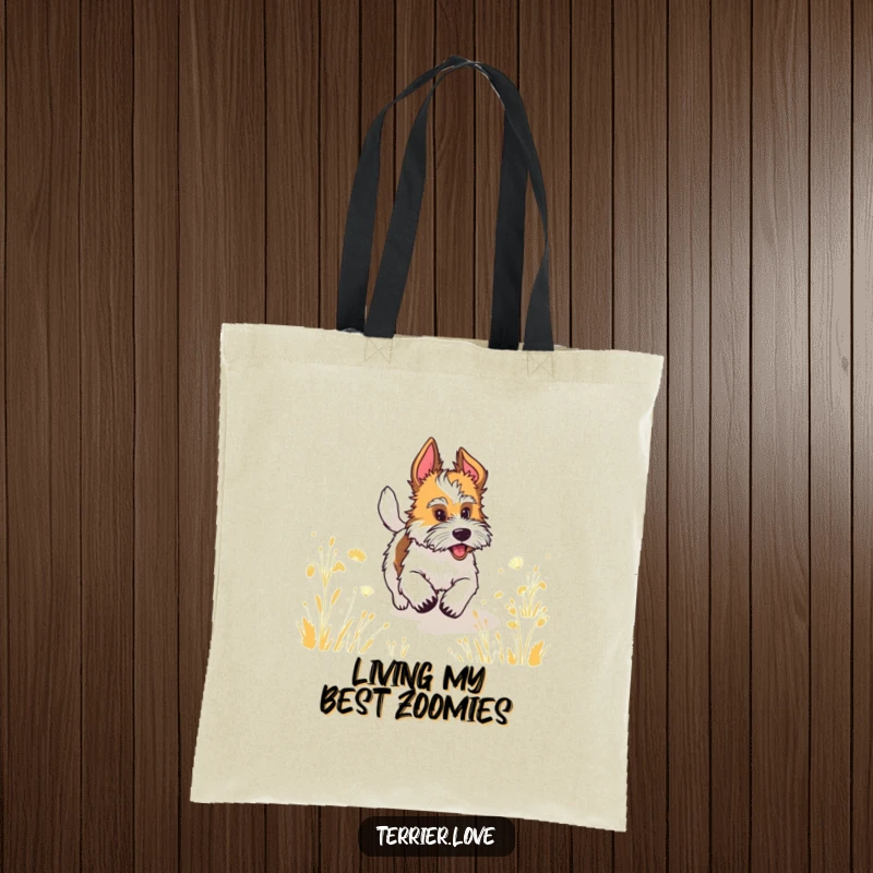 Funny terrier with a wagging tail running through a field, a humorous tote bag for dog lovers.