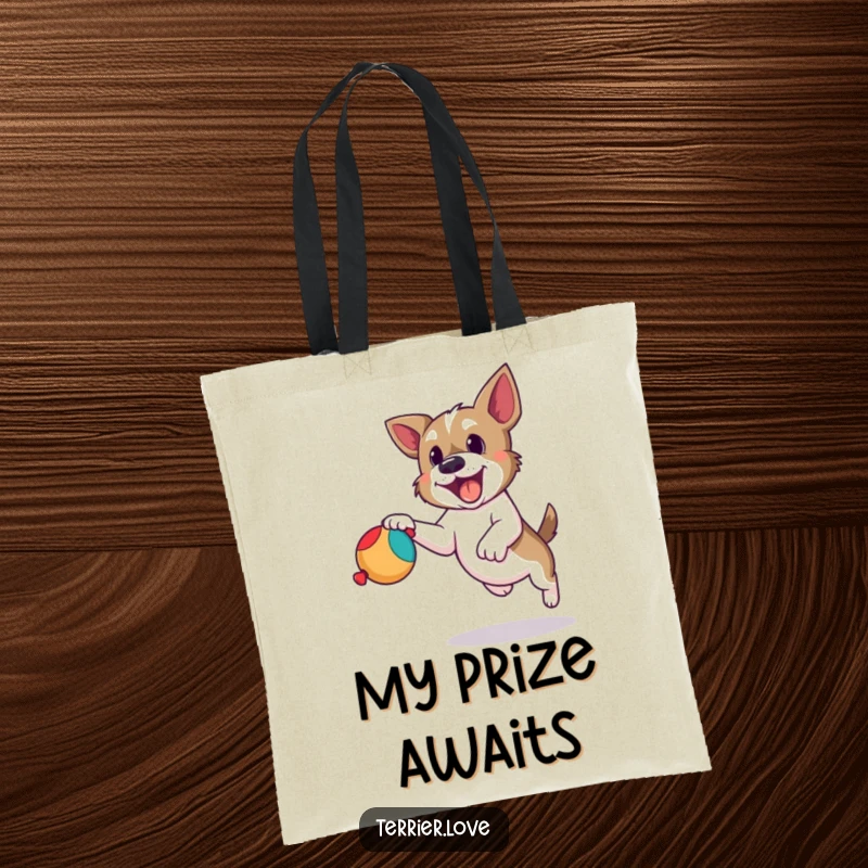 Funny terrier tote bag showing a dog determinedly leaping to catch a squeaky toy, a humorous and practical accessory.