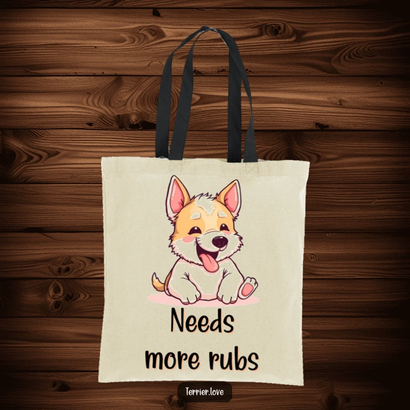 Funny Terrier Tote Bag: A charming terrier yipping with excitement, eyes wide, begging for a belly rub. Perfect for market trips.