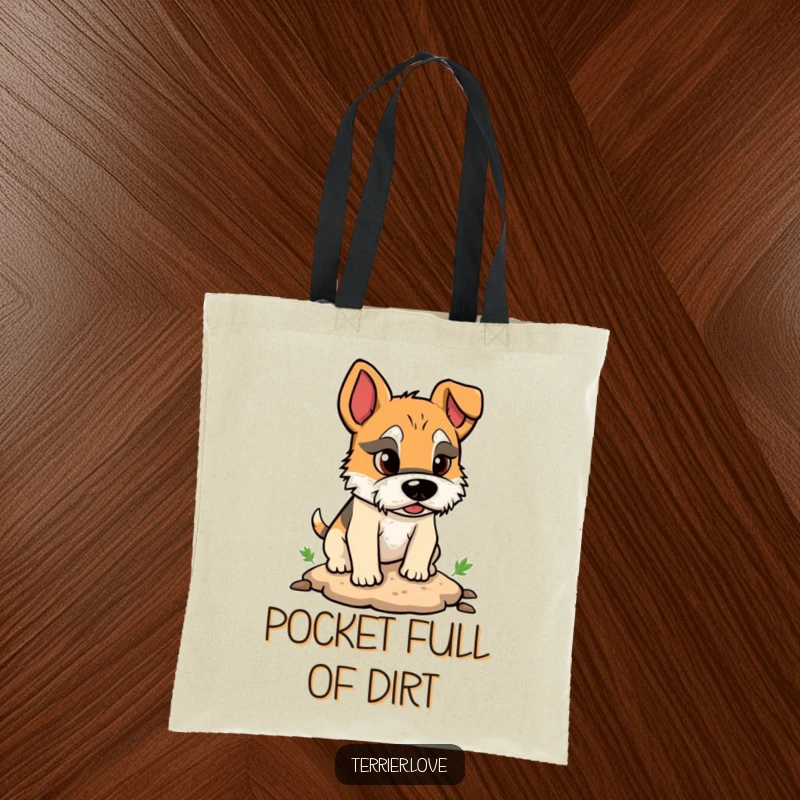Funny tote bag depicting a terrier character intensely focused on digging a small hole, full of canine determination.
