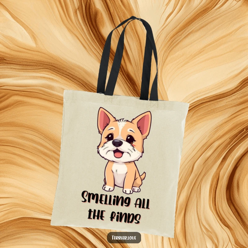 Funny Tote Bag with a terrier sniffing the air with its nose up, a humorous and practical accessory for the curious.